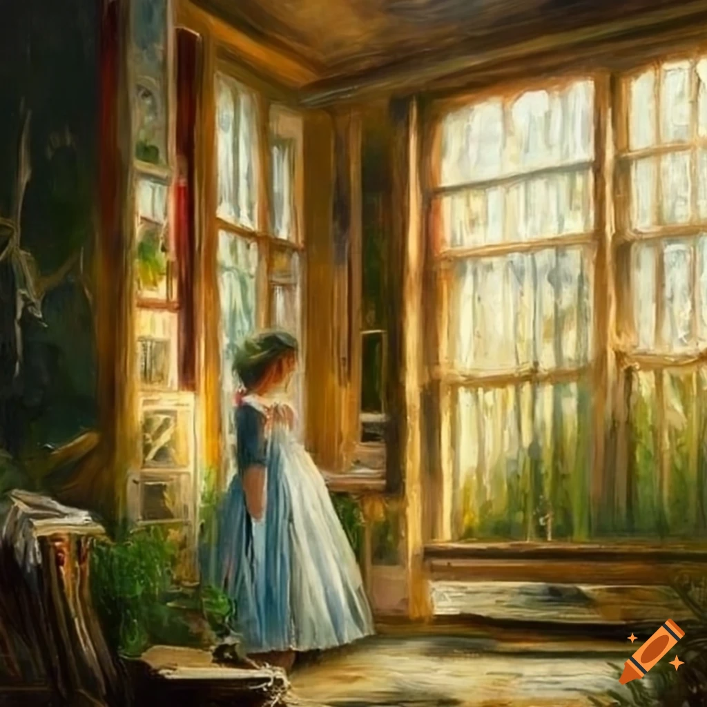 Victorian-era greenhouse with a woman seen through the windows in a realistic oil painting