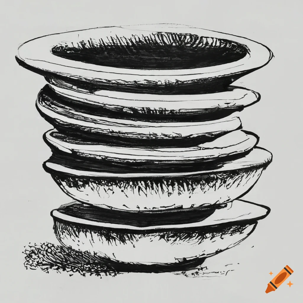 Black and white ink drawing of stacked bowls