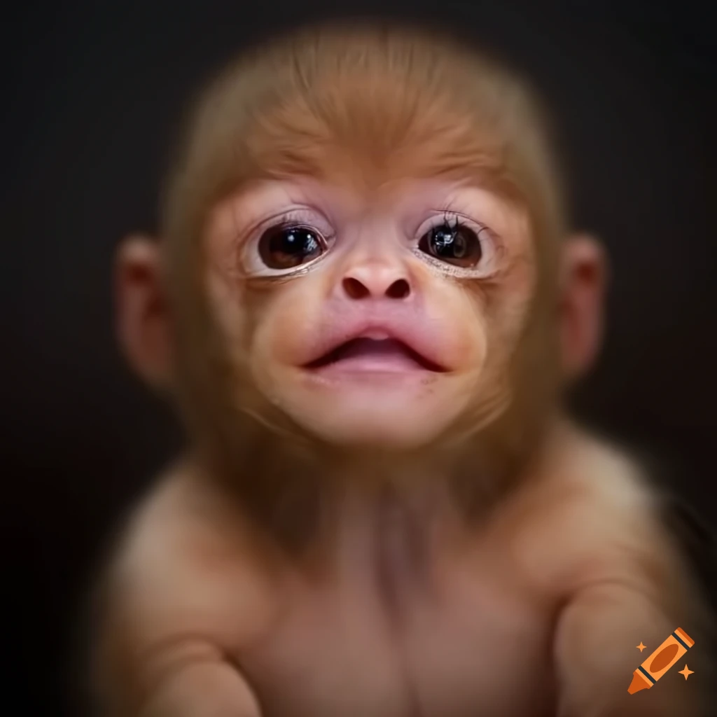 Adorable baby sasquatch with big brown eyes and light brown hair