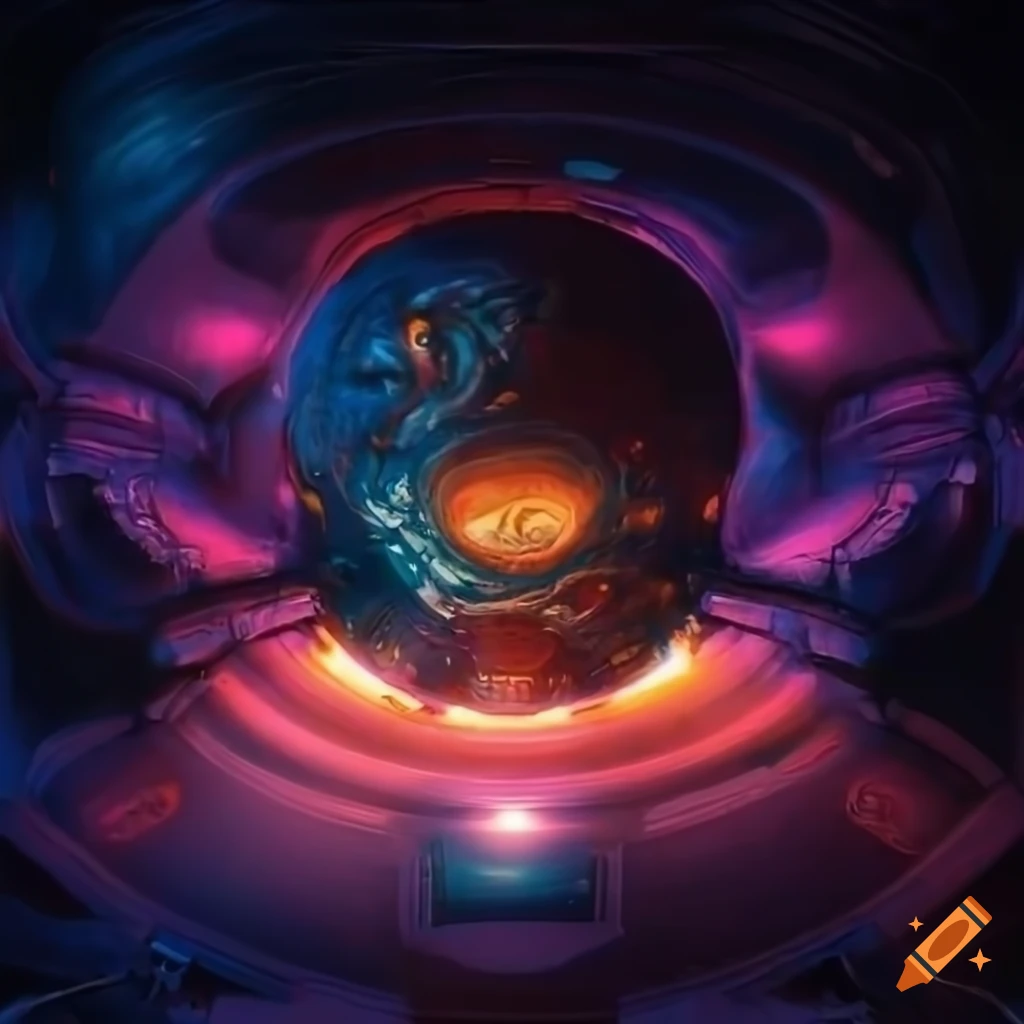 Surrealist aliens exploring an asymmetrical organic spaceship with strange machines and lights