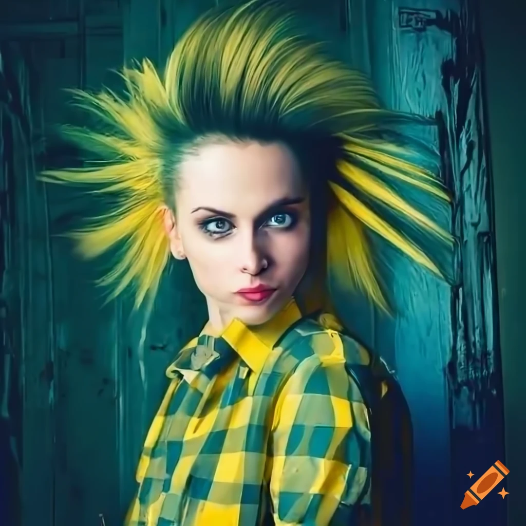 English punk-rocker woman with mohawk hairstyle in yellow plaid shirt and black leather trousers peeking through derelict building door