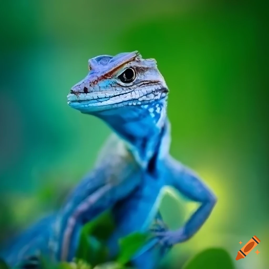 Beautiful blue sapphire lizard smiling in foreground with blurry vegetation in background