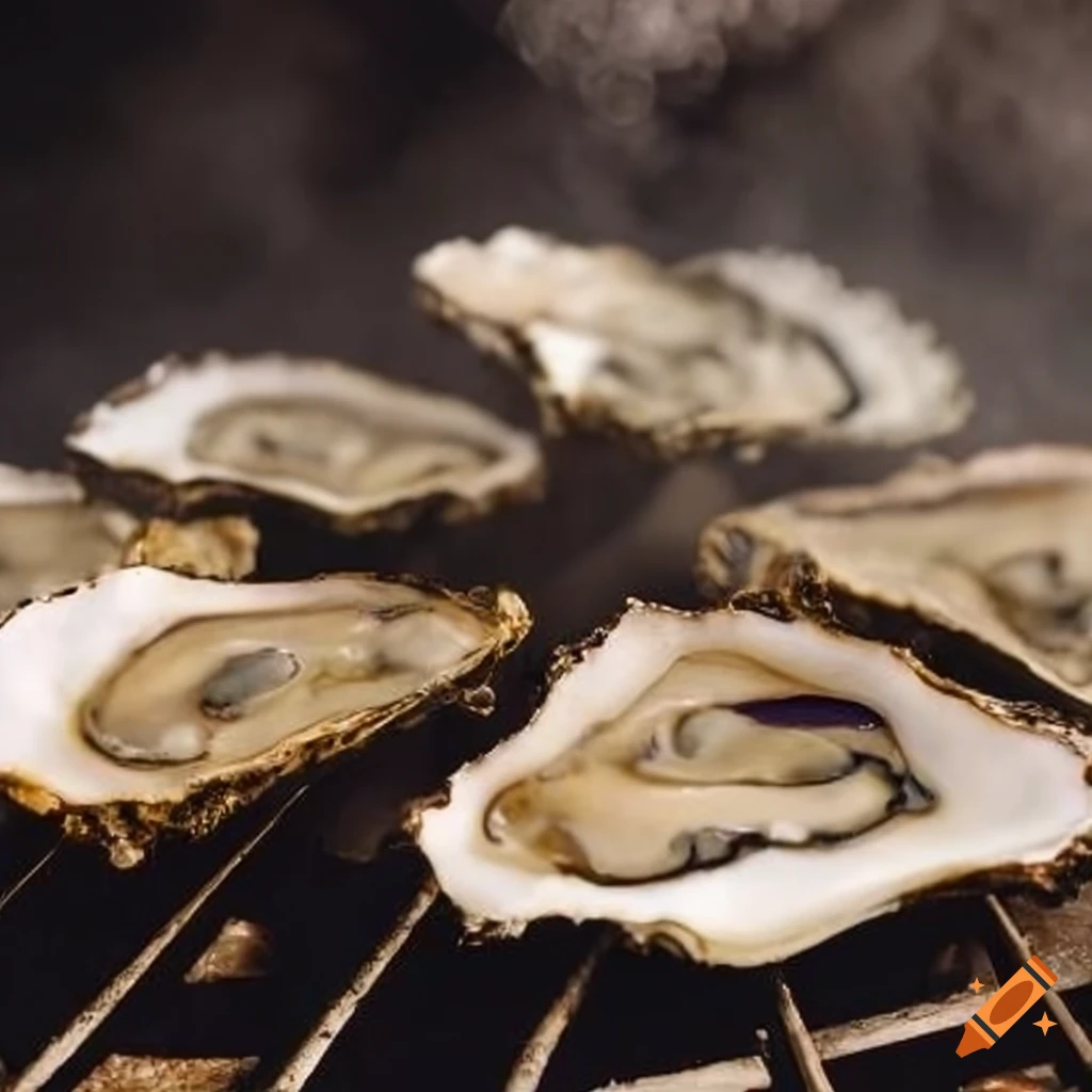 Oysters on half shell grilling with steam rising