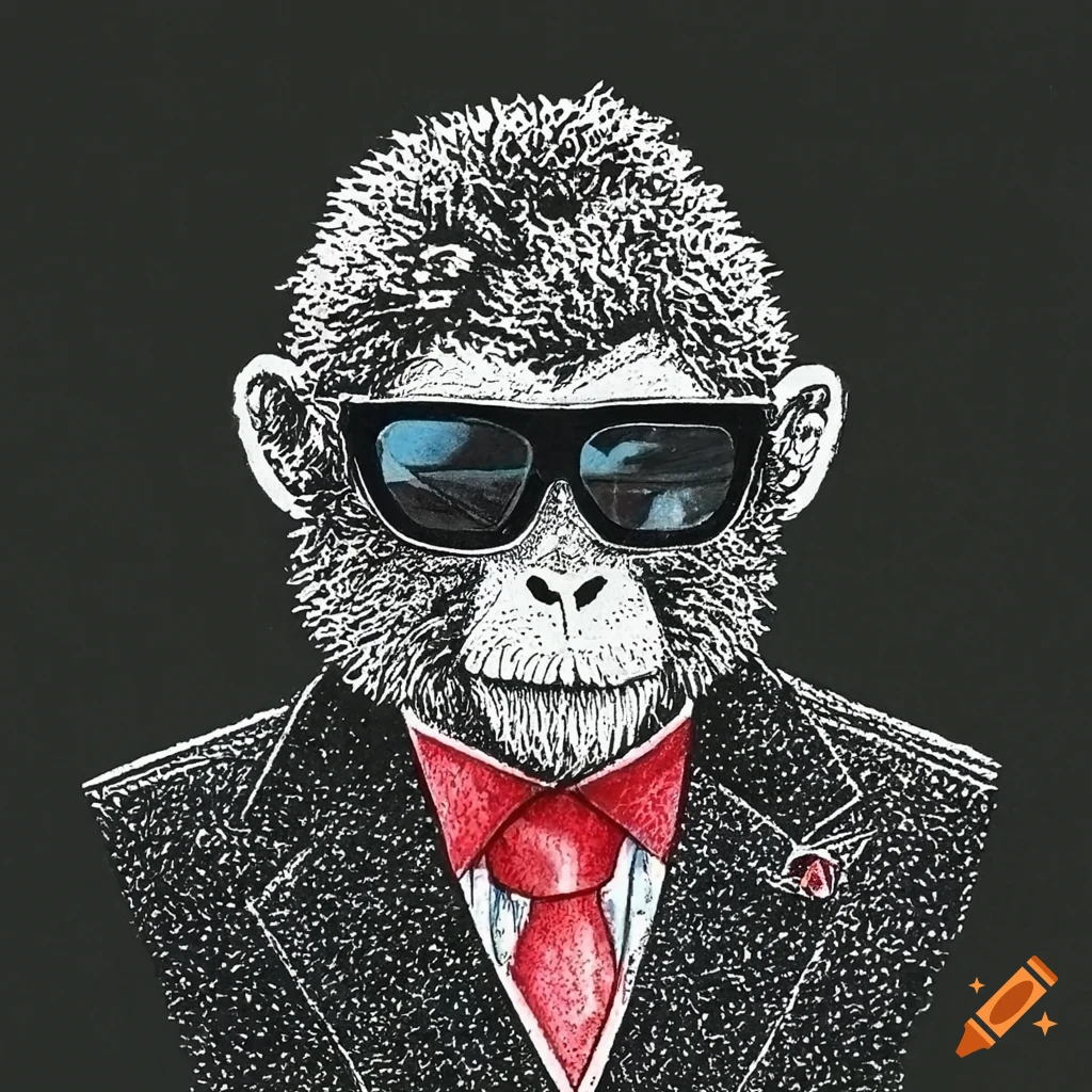 Stylish Japanese snow monkey in sunglasses and suit in a noir illustration