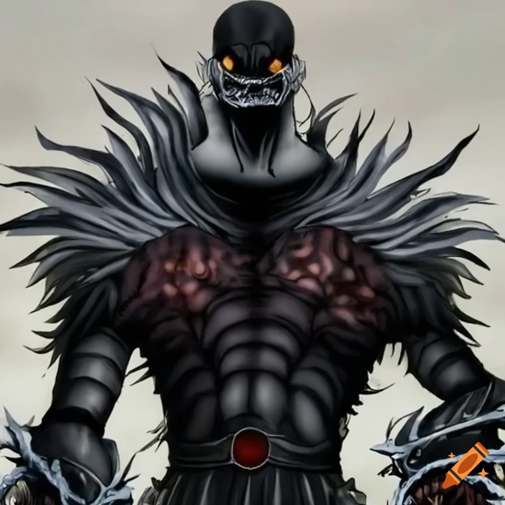 Sagat fusion Ryuk dressed as black knight armor with a sword