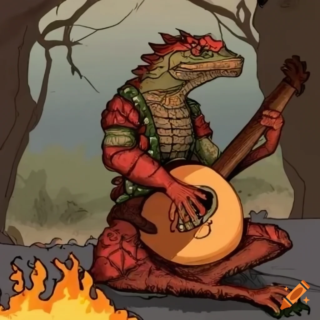 Lizardfolk bard playing a lute next to a campfire