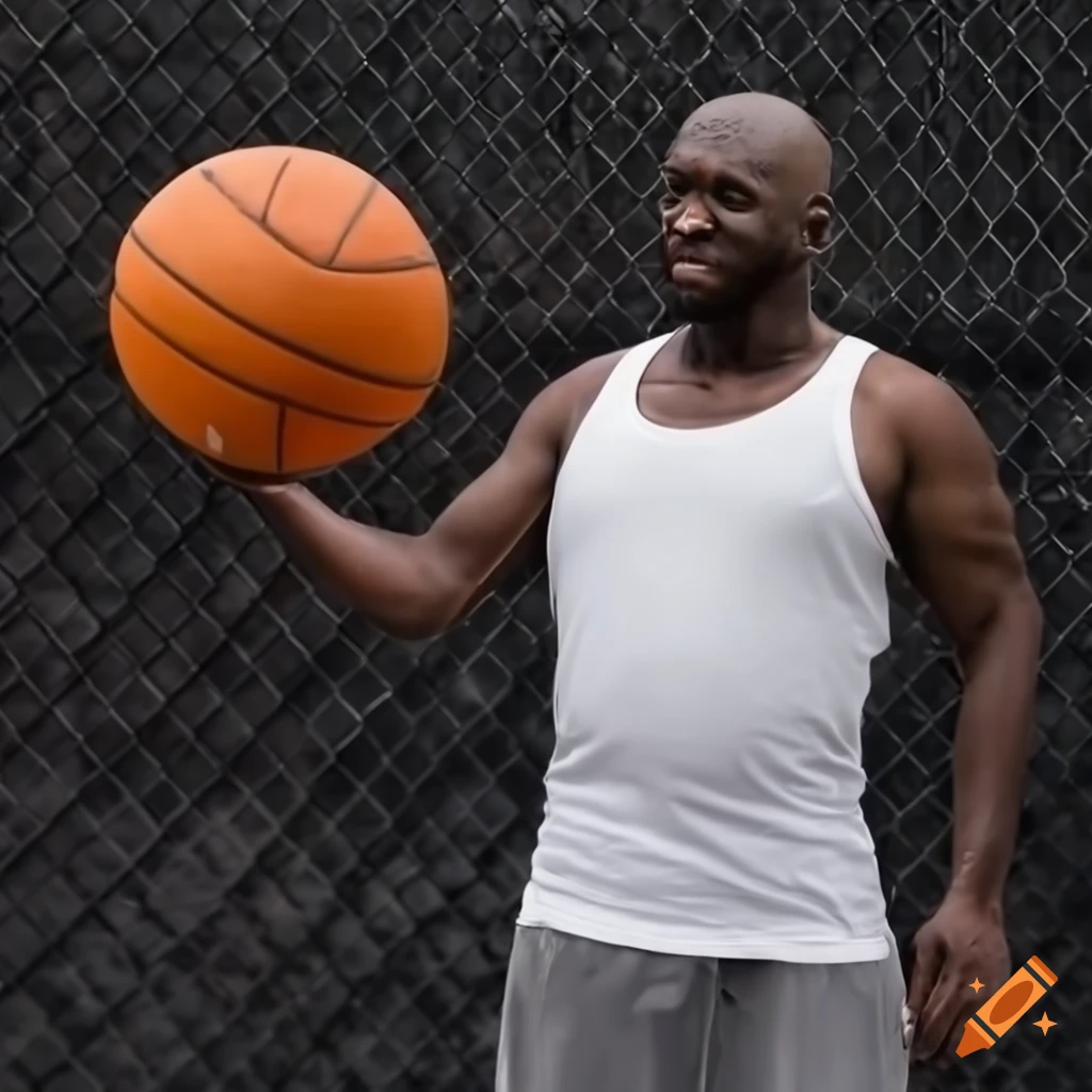 Men holding a basketball in front of a chain-link fence