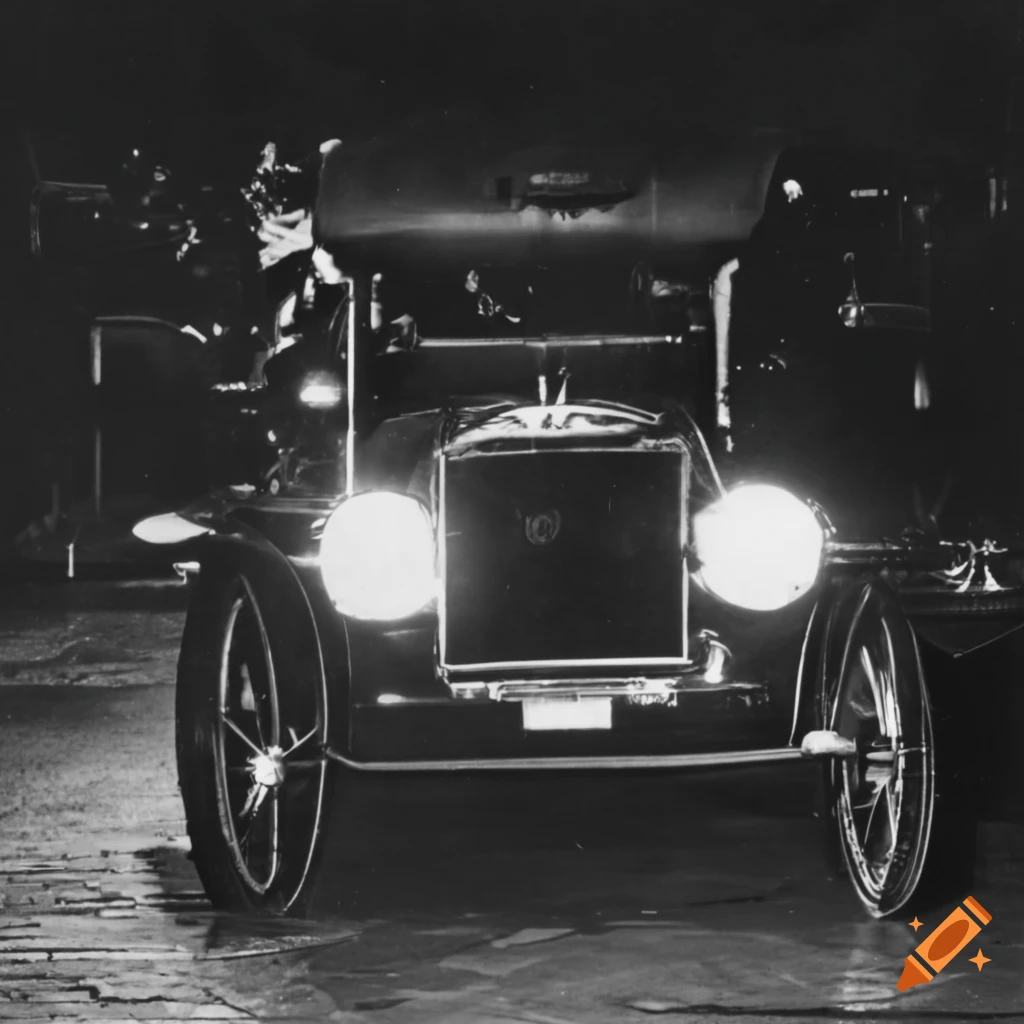 Vintage Model T car at night in a 1916 photograph