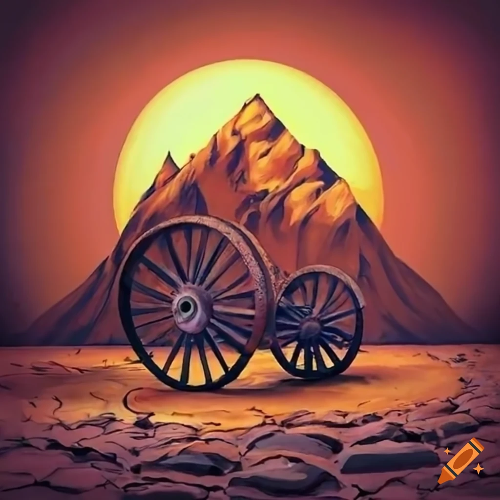 Wagon wheel stuck between mountains in Tim Burton style