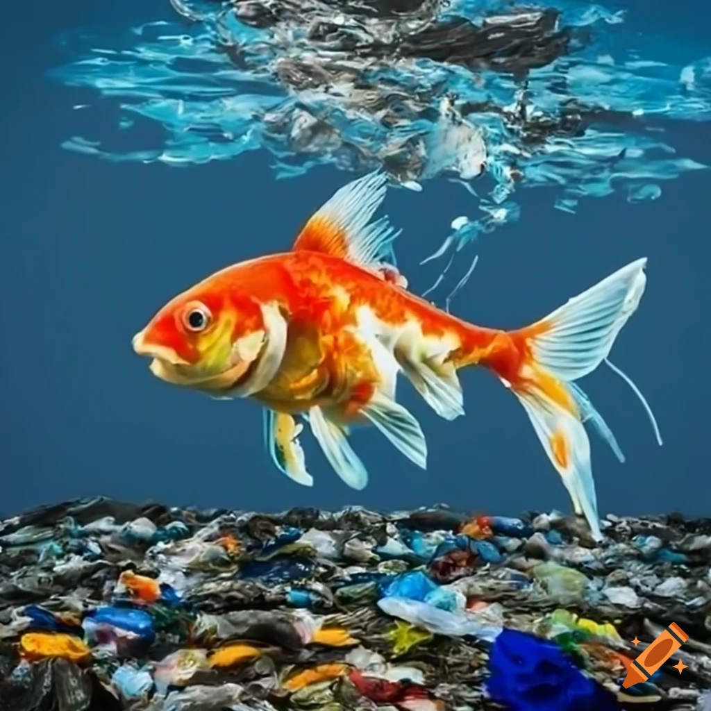 Great Pacific garbage patch with plastic and goldfish in impasto style