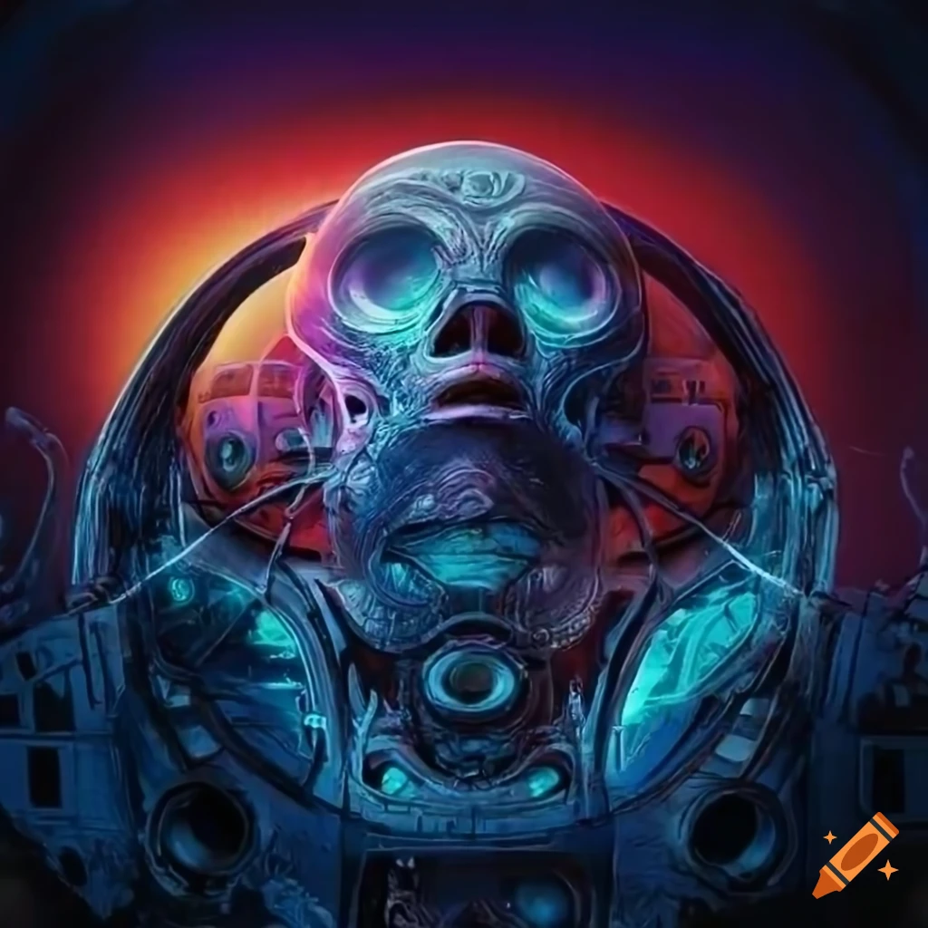 Surrealist aliens exploring an asymmetrical organic spaceship with strange machines and lights