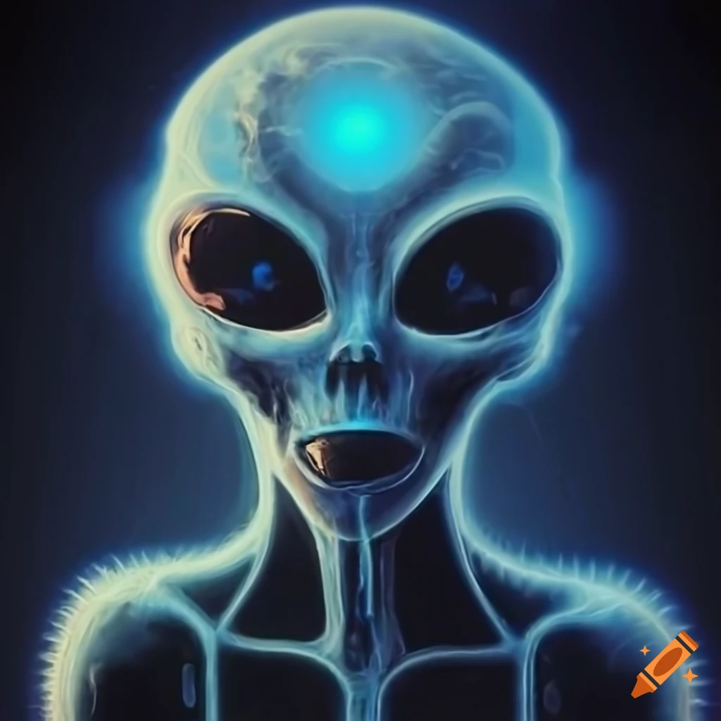 70s sci-fi organic machine art by Akira Toryiama depicting a glowing blue alien x-ray