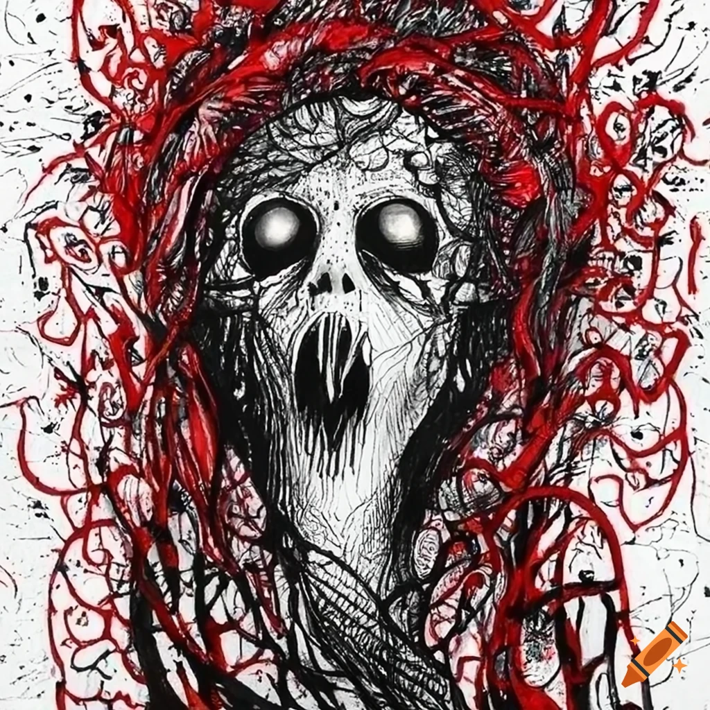 Intricate black, red, and white ink drawing of a tormented ghost with extreme anxiety