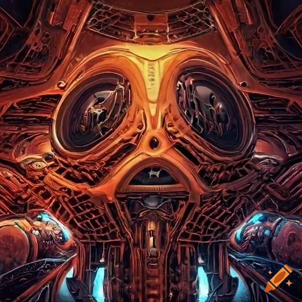 Surrealist aliens exploring inside an asymetric organic spaceship with strange machines and light boards