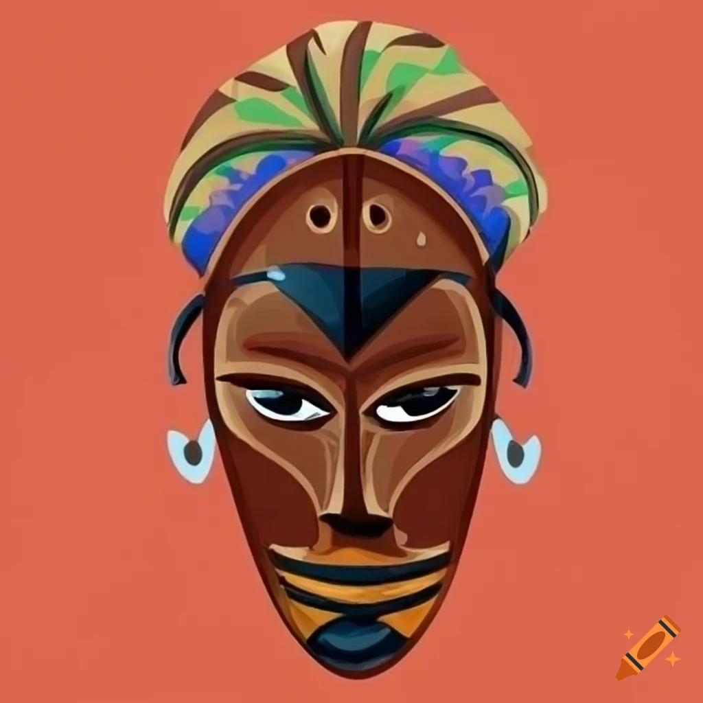 African tribal mask depicted in cartoon art style