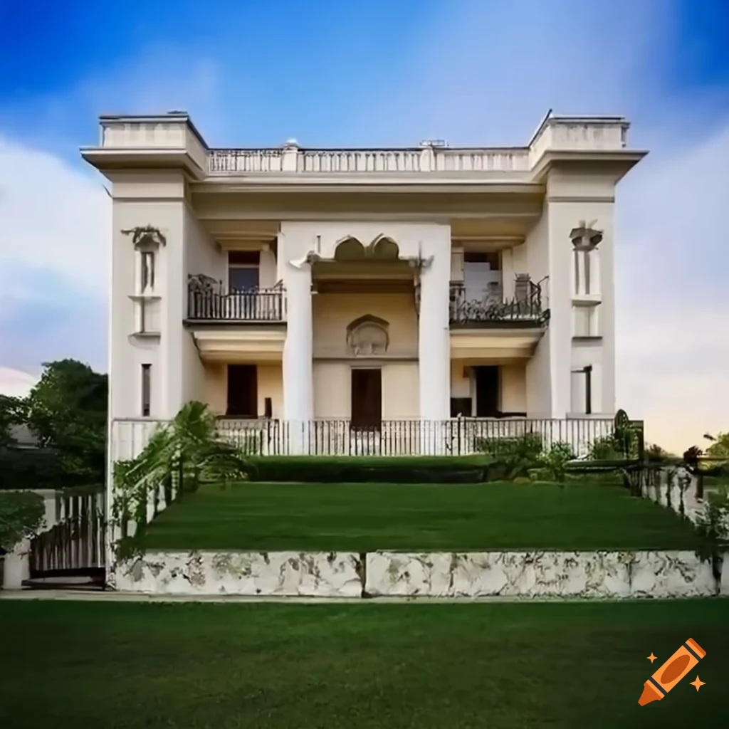 Facade of a two-floor classic villa with entrance stairs, balconies, and columns