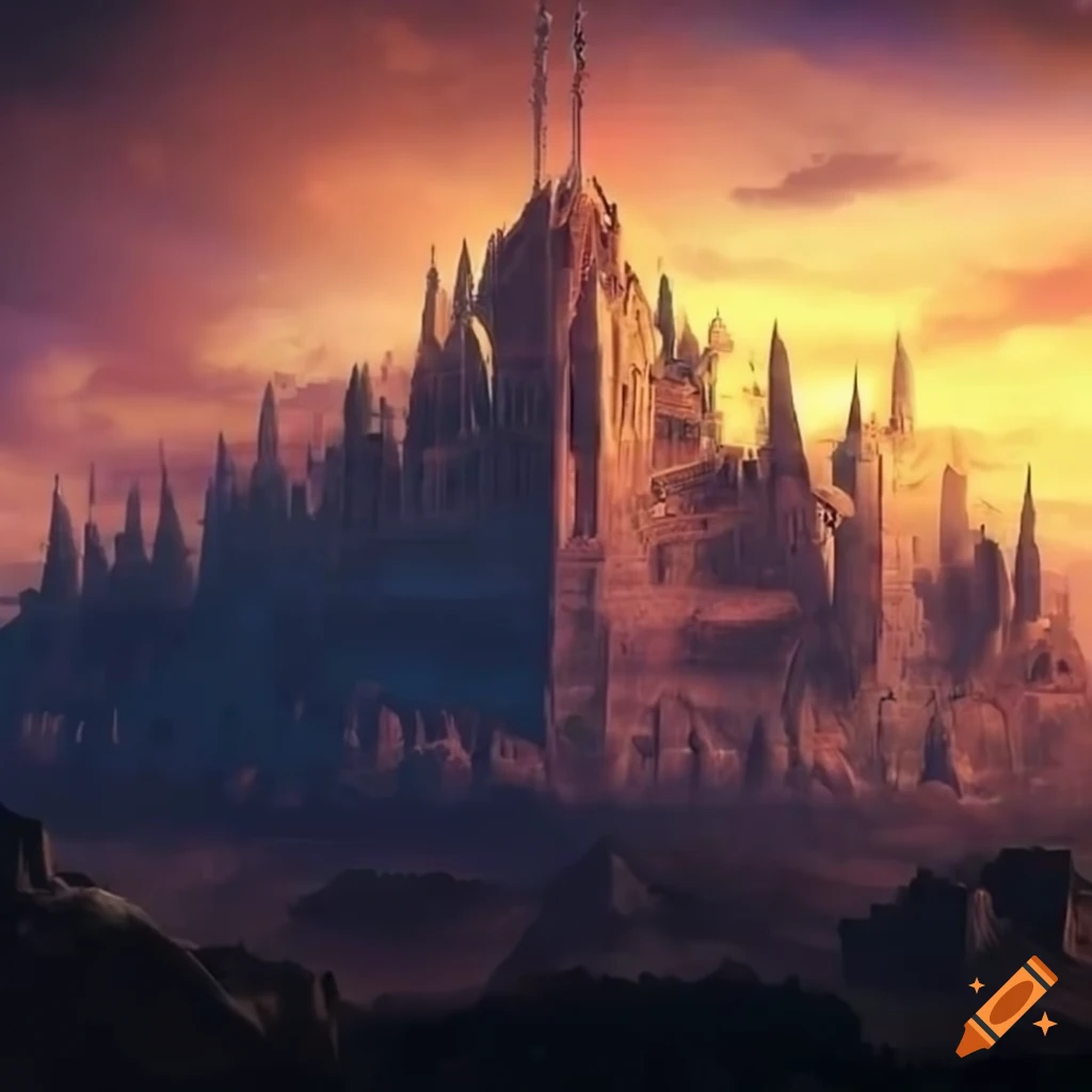 Ancient fantasy city of light in an infinite dawn