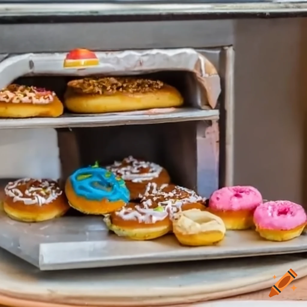 Miniature diorama of donuts in an oven