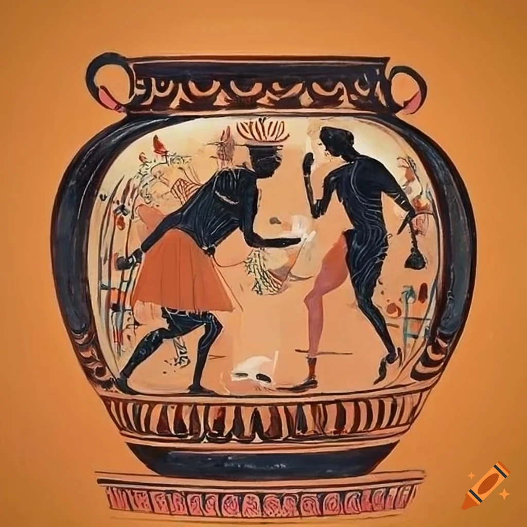 Modern people enjoying music and good company inspired by ancient Greek pottery