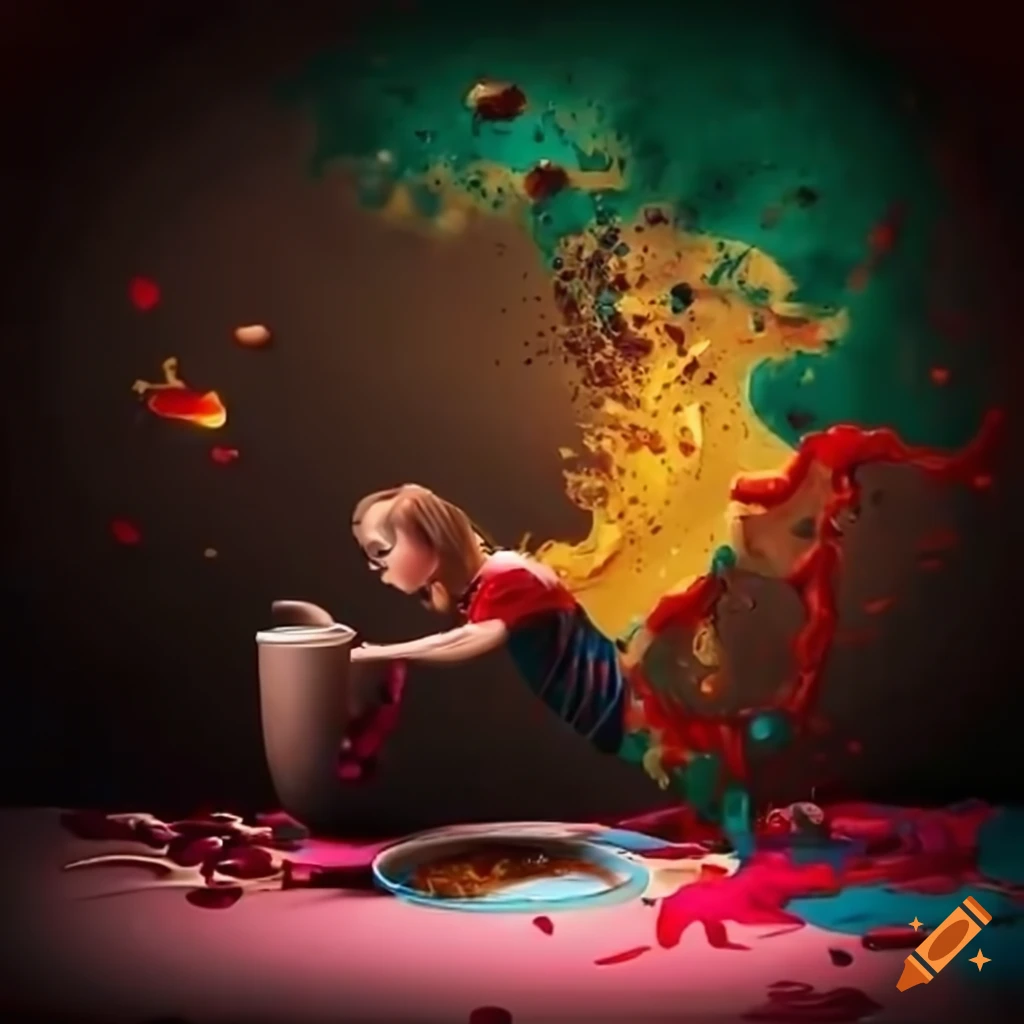 Humorous multitasking mother in chaotic colorful scene