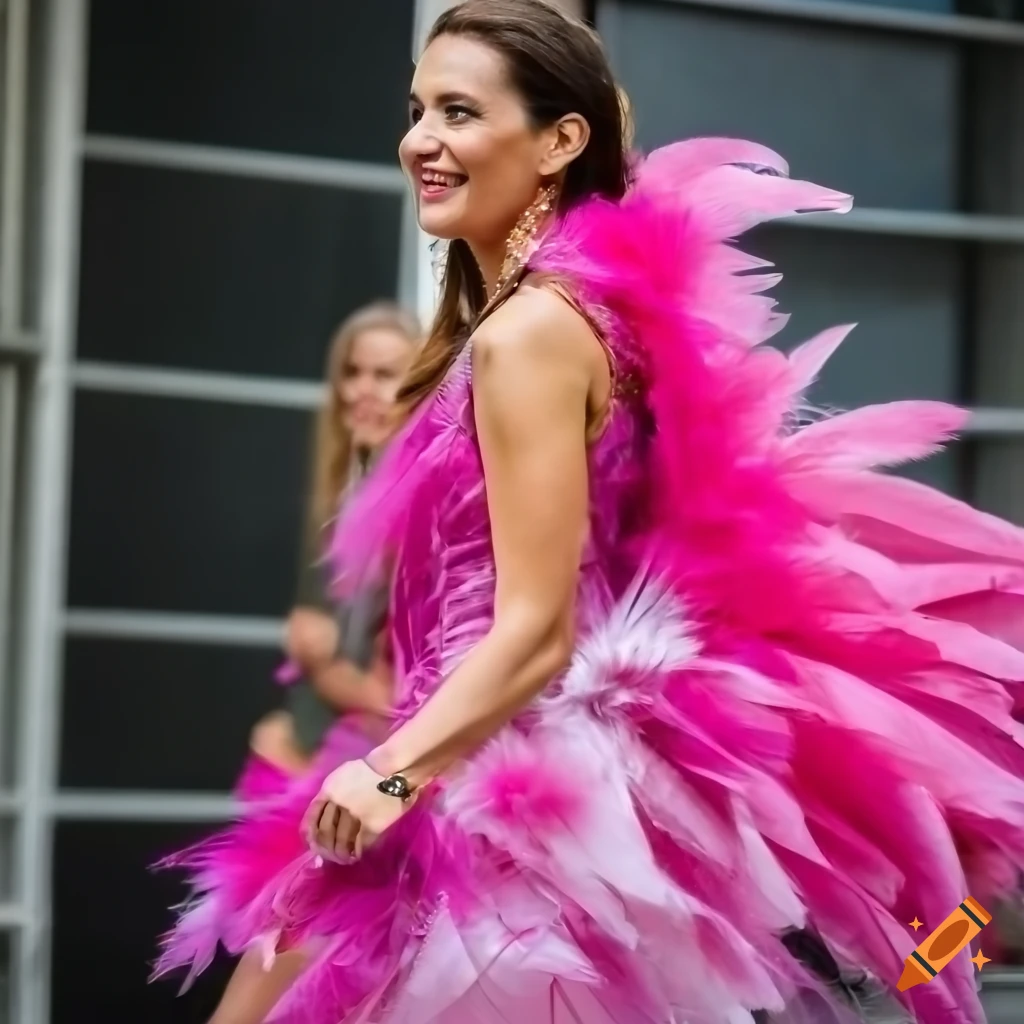 Woman in modern pink feather dress walking on catwalk