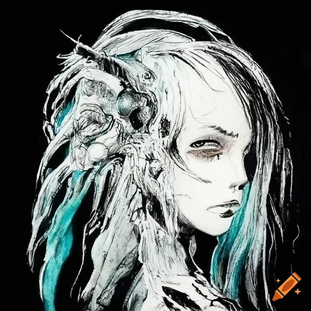 Shimmering high-tech male cyborg in black ink with light cyan hair