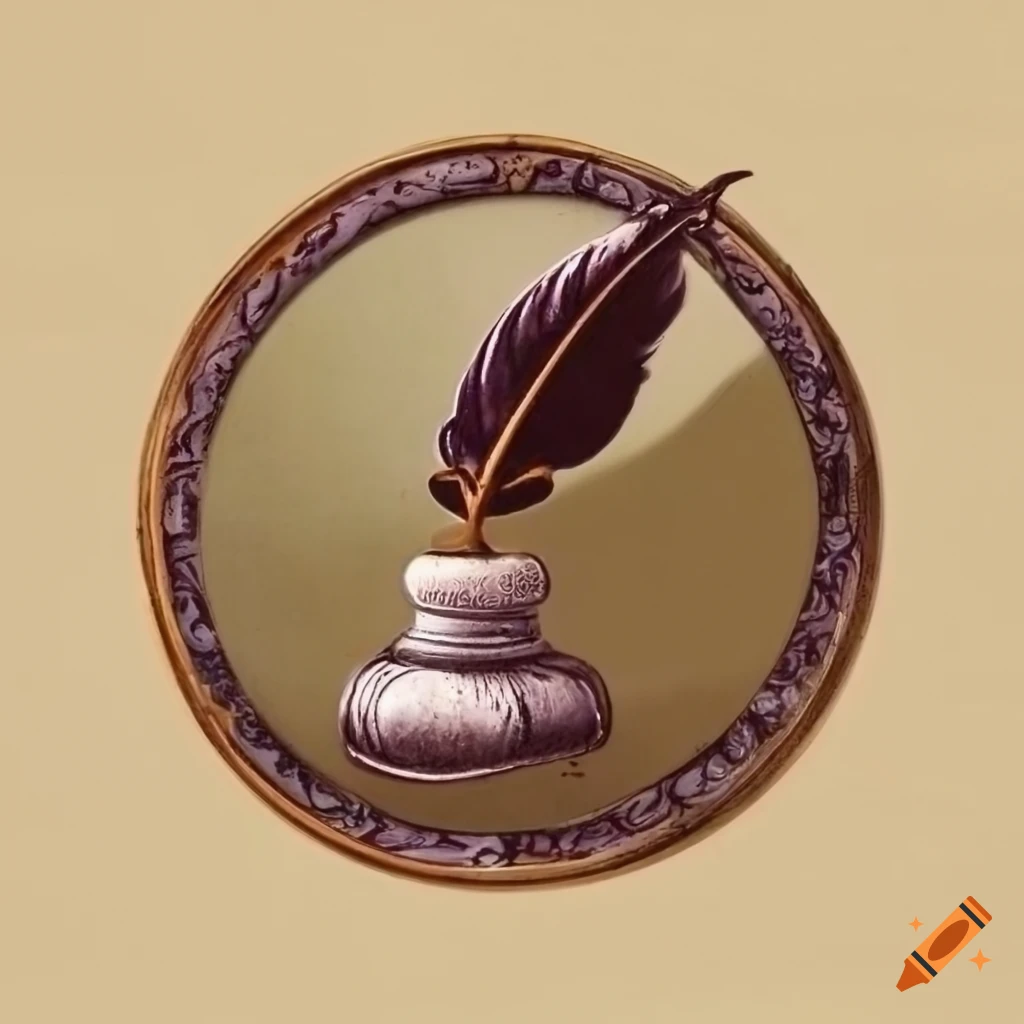 Quill and inkwell icon with circular border in an antique style
