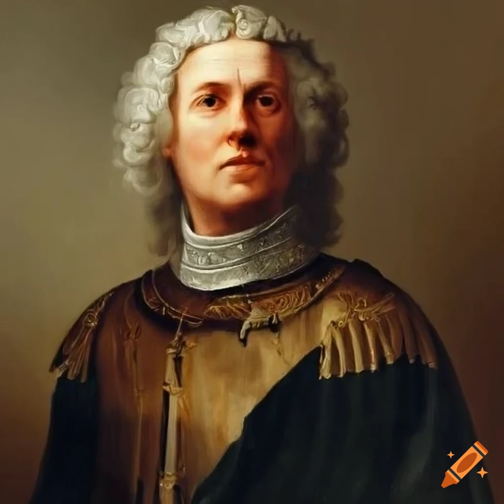 Medieval lord portrait with a villa in the background inspired by Thomas Cole style
