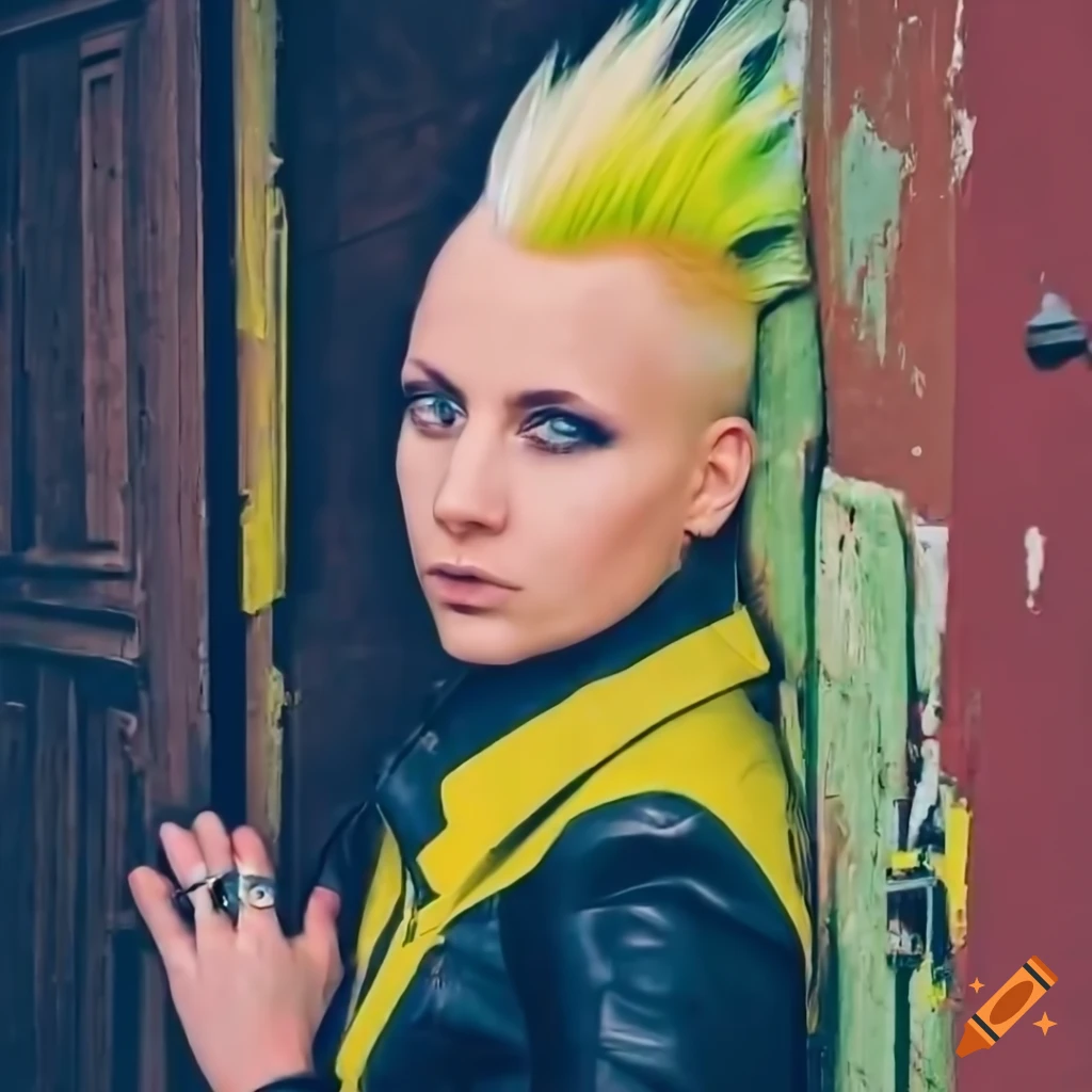 English punk-rocker woman with mohawk hairstyle in yellow plaid shirt and black leather trousers peeking through doorway