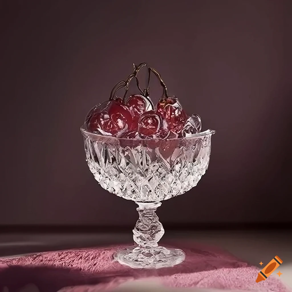 Elegant crystal bowl with glass cherries on a lace-covered table under warm lighting