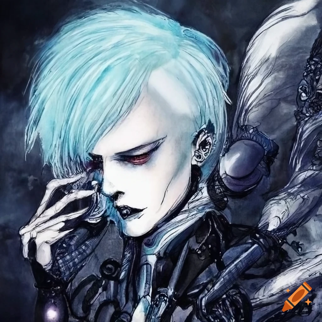 Shimmering high-tech male cyborg inspired by Yoshitaka Amano and ...