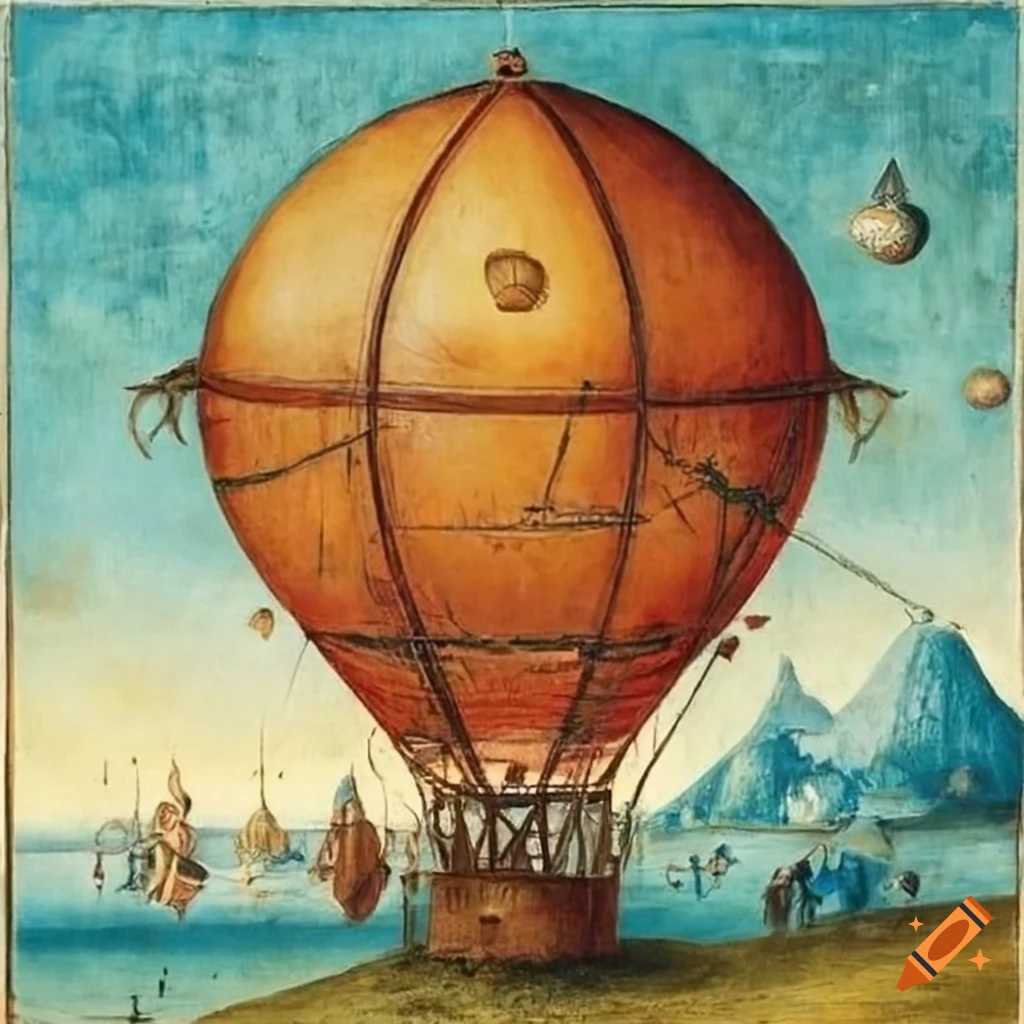 Medieval style painting of a detailed hot air balloon