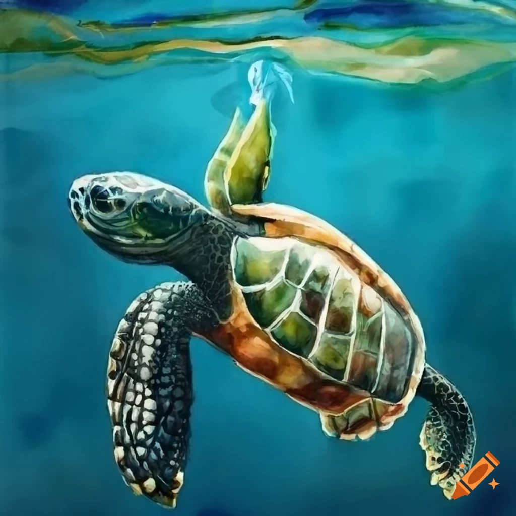 Turtle trapped in a plastic bag in watercolor
