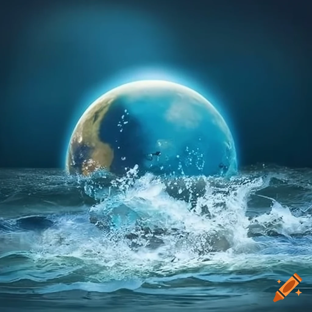 Moon globe crashing into stormy ocean from the shore