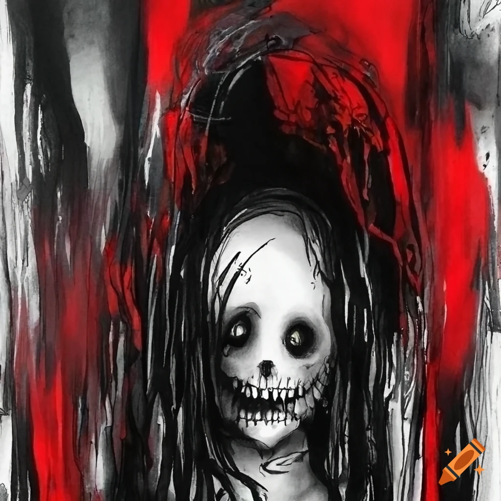 Intricate black, red, and white ink drawing of a tormented ghost overwhelmed by anxiety