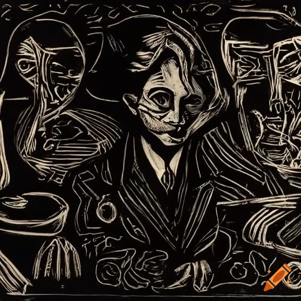 Lino print of men surrounded by mysterious objects in a surreal Max Beckmann style