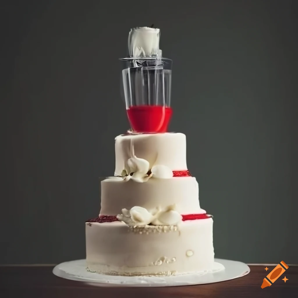White wedding cake with red food blender topper