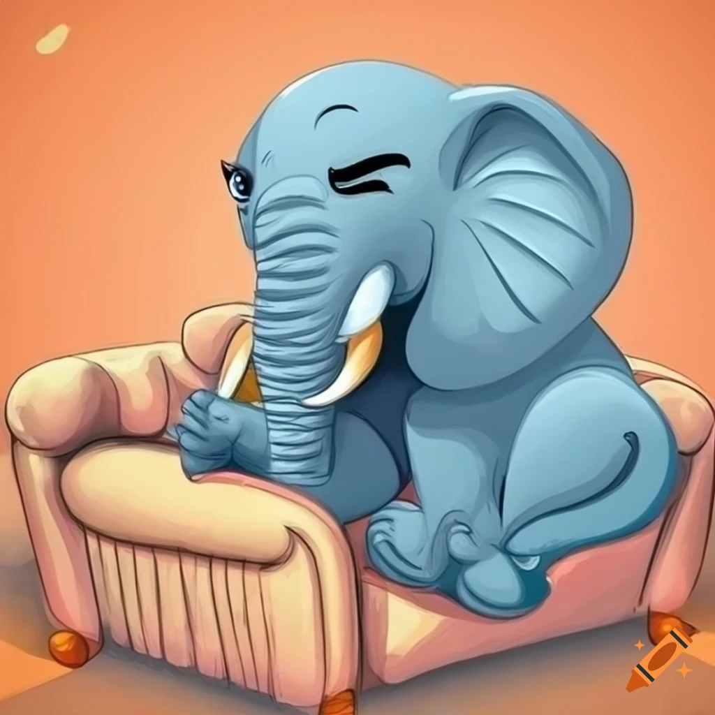 Baby elephant sleeping on a couch in a cartoon style