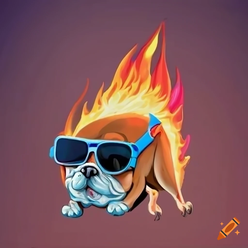Cartoon bulldog in fiery sunglasses diving left with vibrant flames