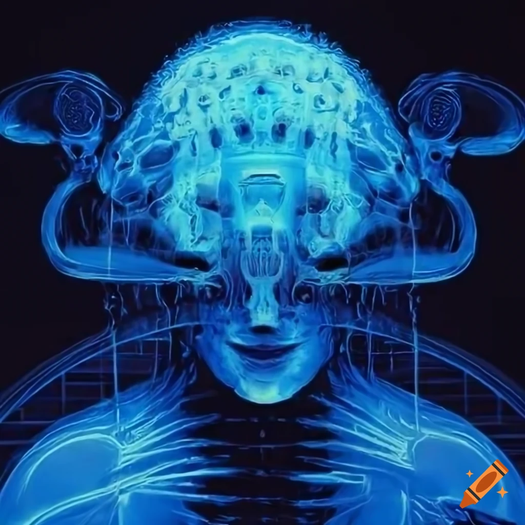 70s sci-fi organic machine art by Akira Toryiama depicting a glowing blue alien x-ray