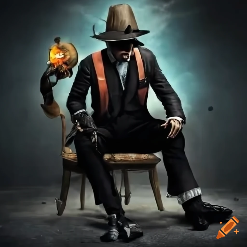 Journalist sitting on a bomb with vintage and modern elements in a surreal scene