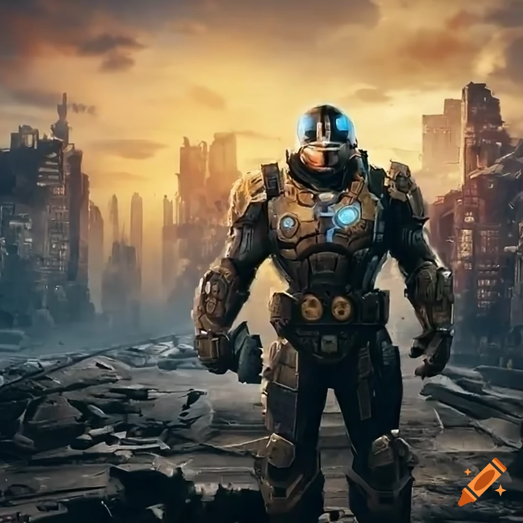Masterchief in city ruins with a Gears of War theme in 8k resolution
