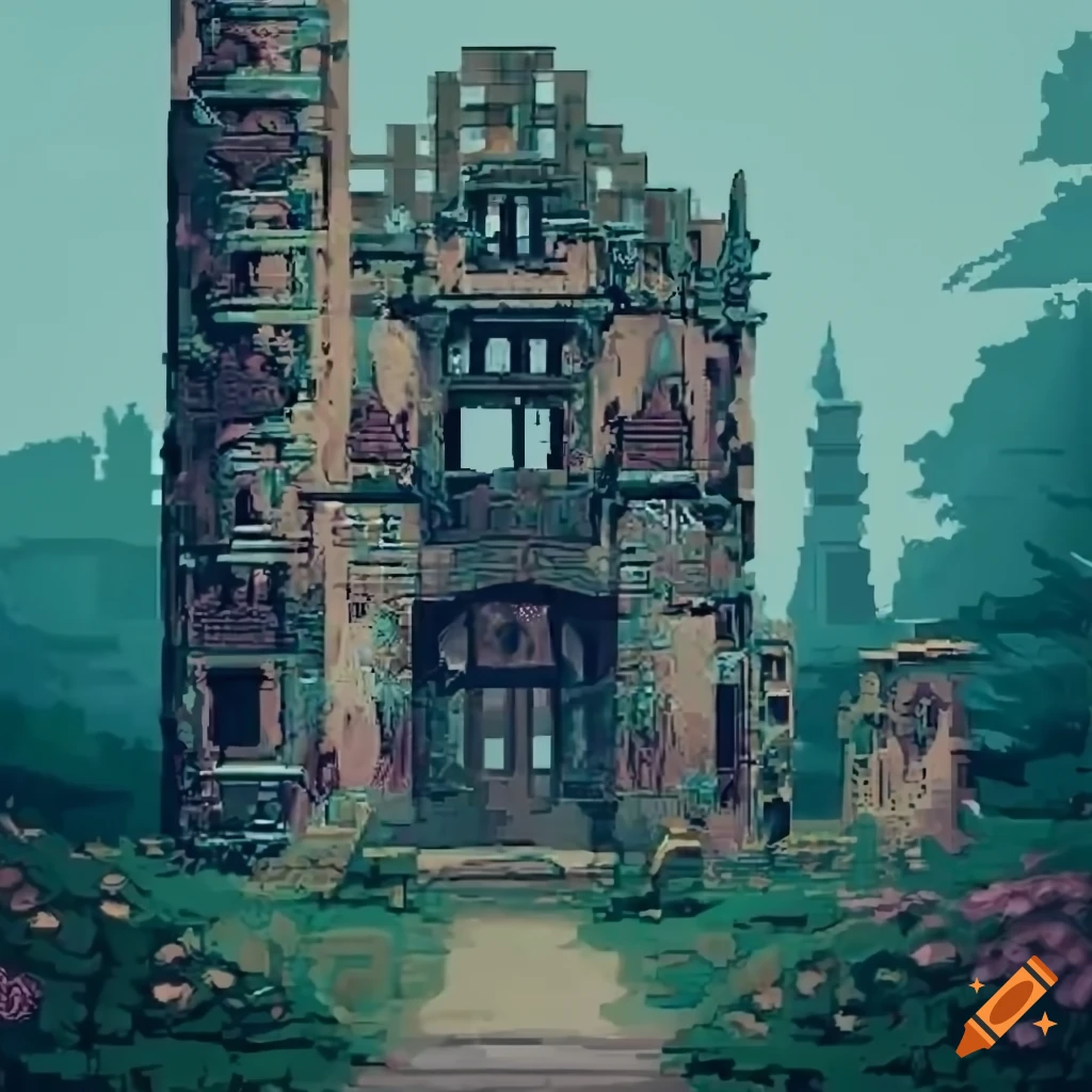 Pixel art of a cottagecore ruin palace