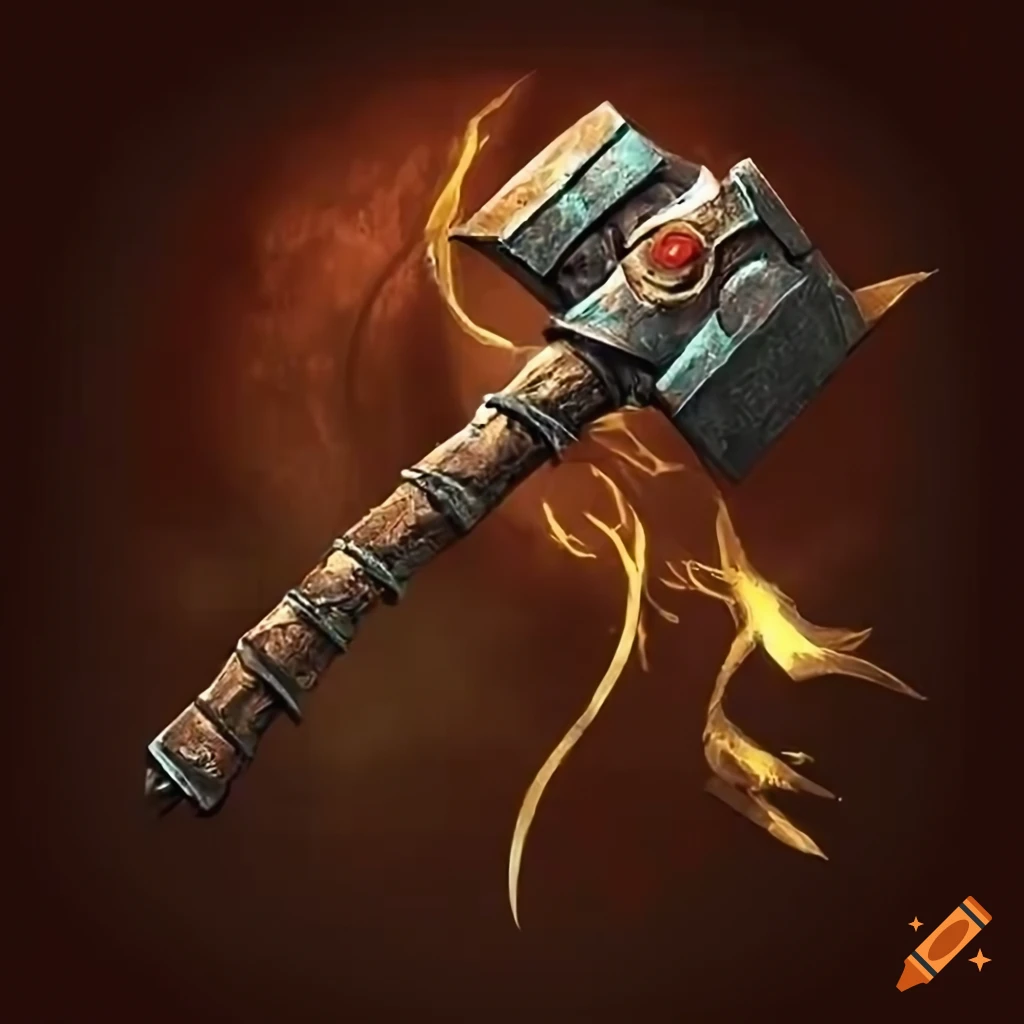 Powerful battle-worn hammer emitting divine heat and energy in bronze and brass with a red jewel