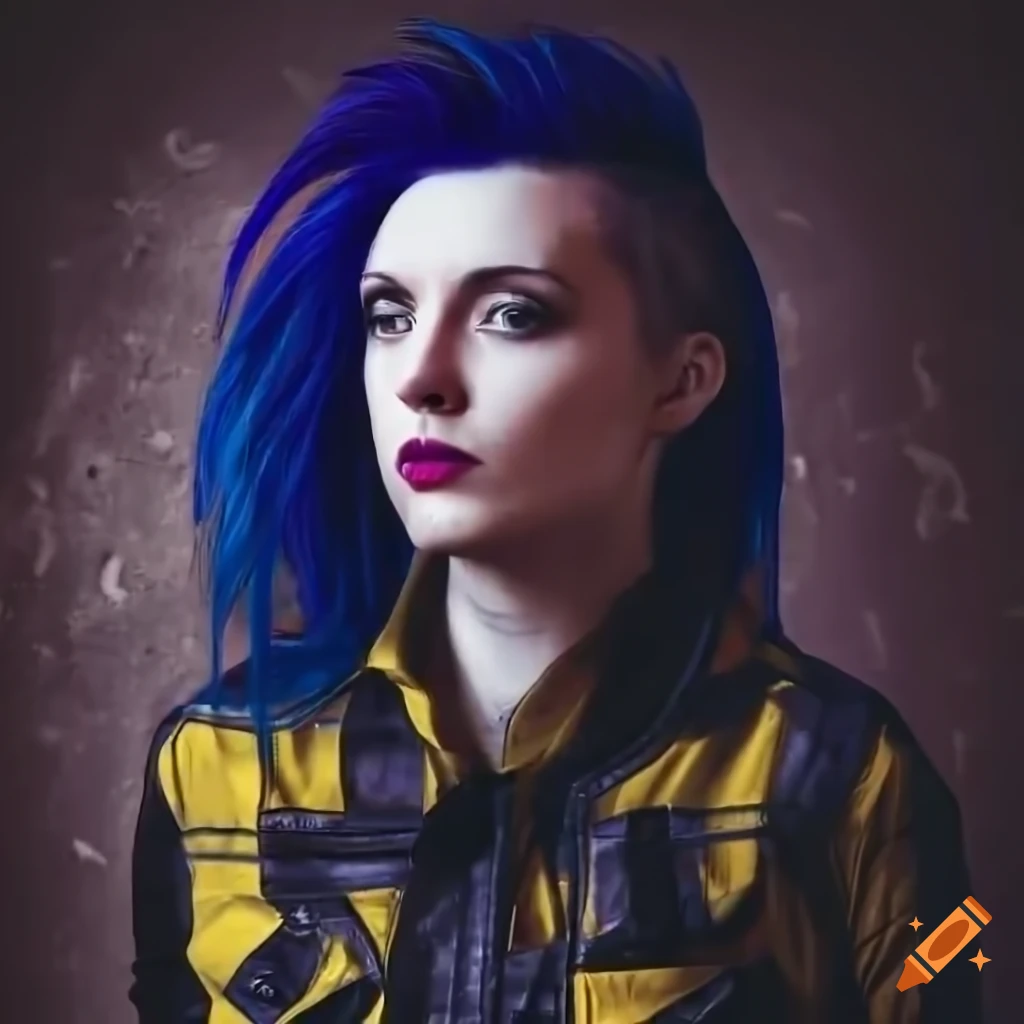 English punk-rocker woman with mohawk hairstyle in yellow plaid shirt and black leather trousers peeking through derelict building door