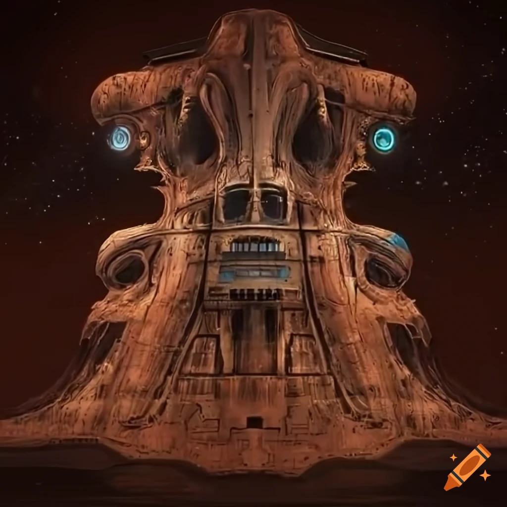 Surrealist aliens inside an asymmetrical organic spaceship with strange machines and light boards