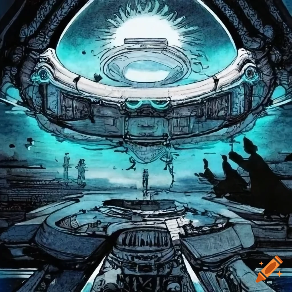 Ink drawing of ultra-modern spaceship platform in futuristic style