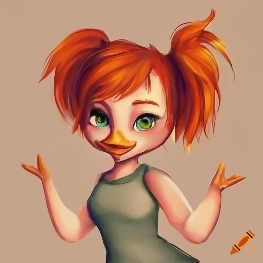 Chubby anthropomorphic duck girl with red hair in a tan t-shirt