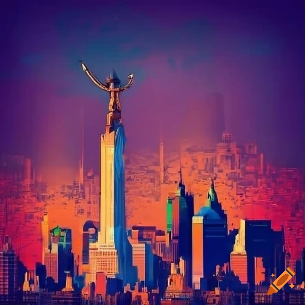 Vibrant Art Nouveau Manhattan cityscape with retro-futuristic elements