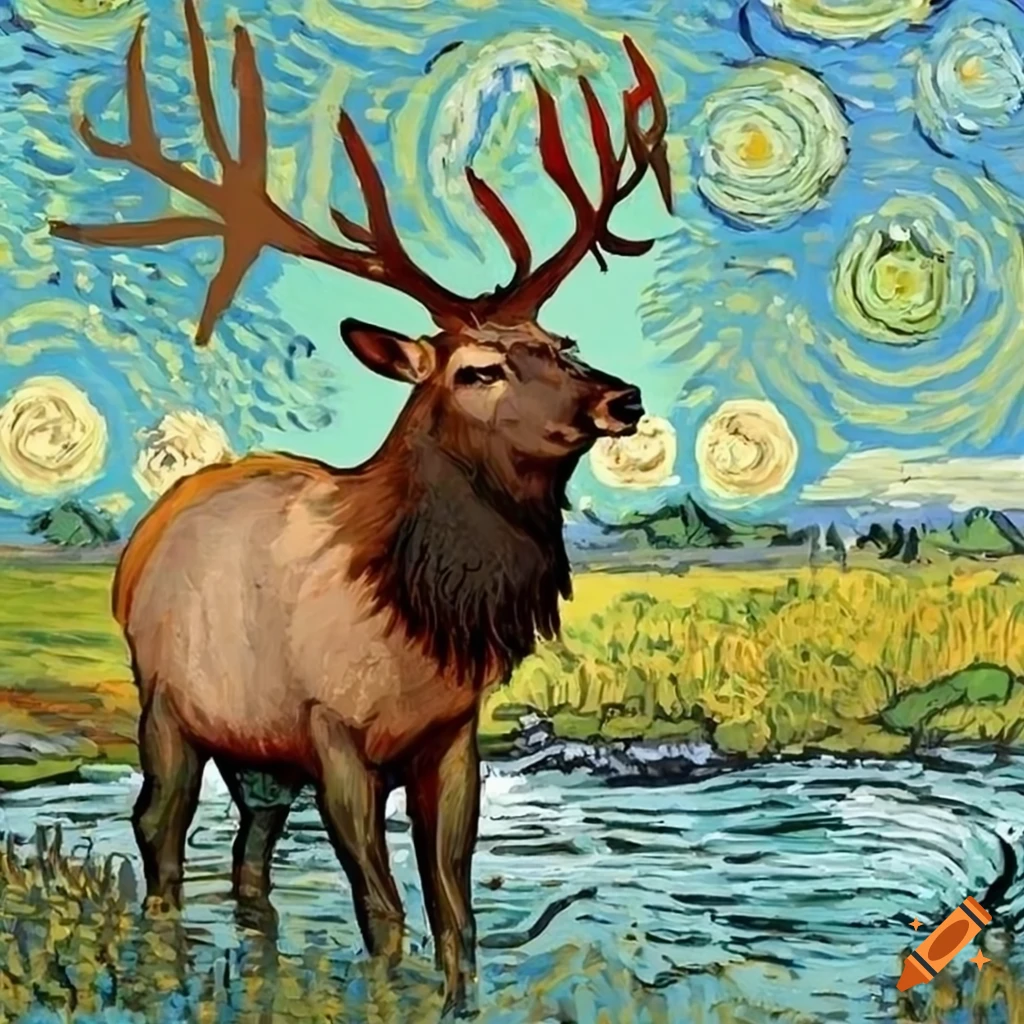 Detailed elk drinking from stream in a meadow with wildflowers, van Gogh style